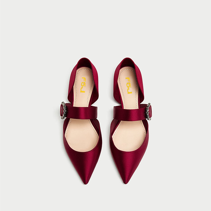 Women's Maroon Satin Pointy Toe Flats Crystal Buckle Mary Jane Shoes
