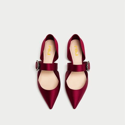 Women's Maroon Satin Pointy Toe Flats Crystal Buckle Mary Jane Shoes