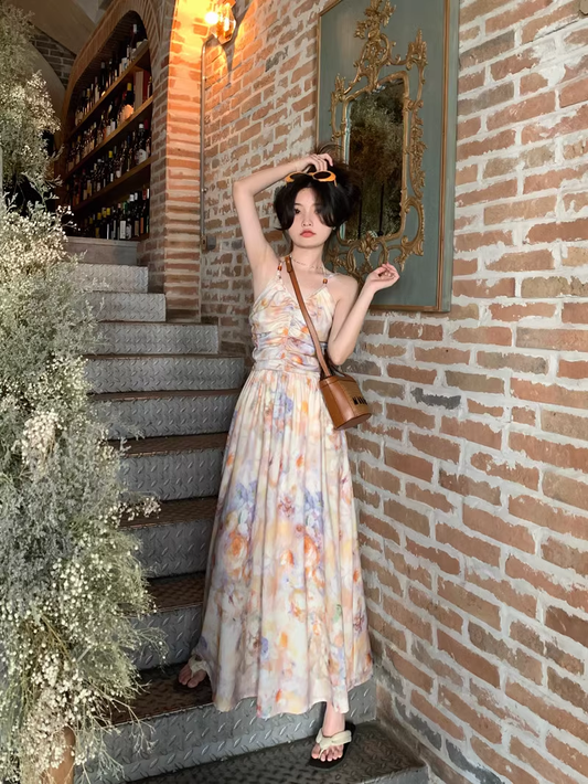 New Simple Fashion Floral Design A-Line Beach Holiday Halter Dress TP3033