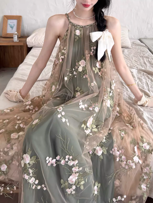 Simple Floral Embroidery Slimming Mesh Dress TP2850