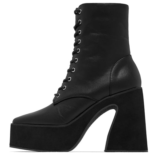 Black Square Toe Chunky Heel Fashion Platform Lace Up Ankle Boots