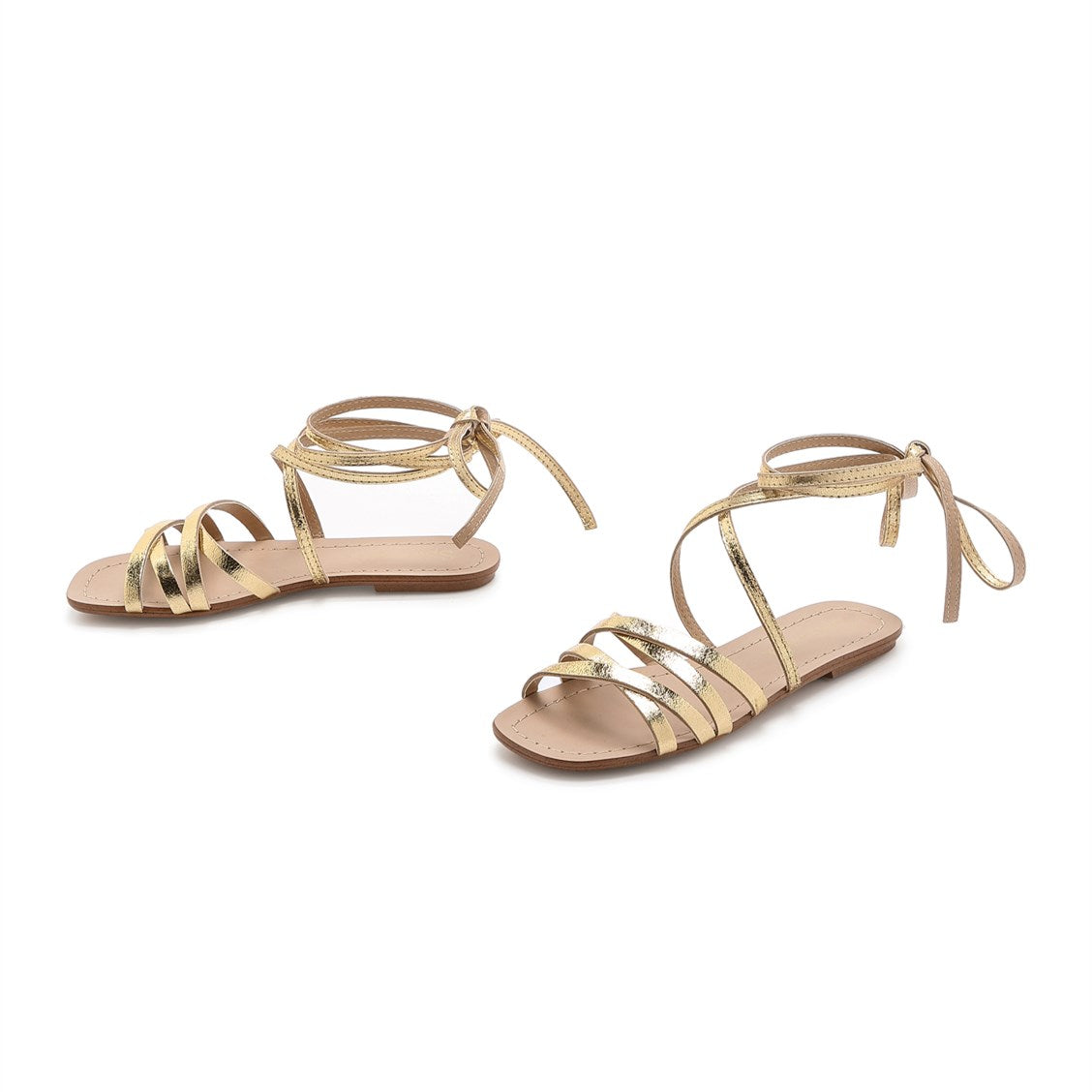 Gold Gladiator Sandals Open Toe Comfortable Flats Strappy Shoes