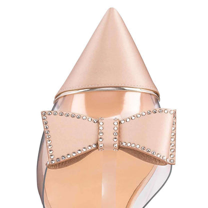 Women's Nude Bow Bridal Shoes Pointed Toe PVC T-Strap Pumps Heels