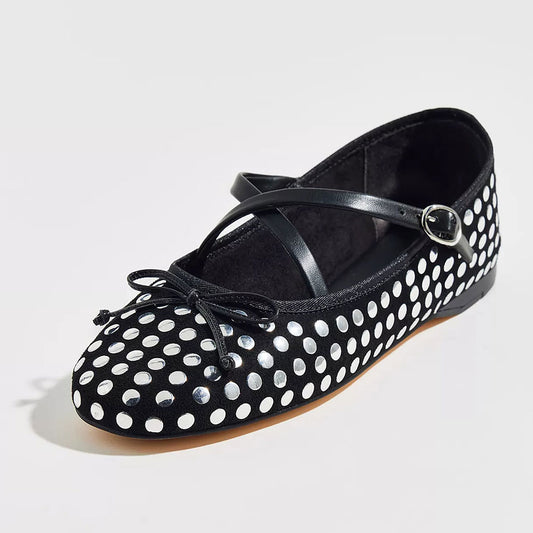 Black Round Toe Studded Fashion Ballet Flats with Straps