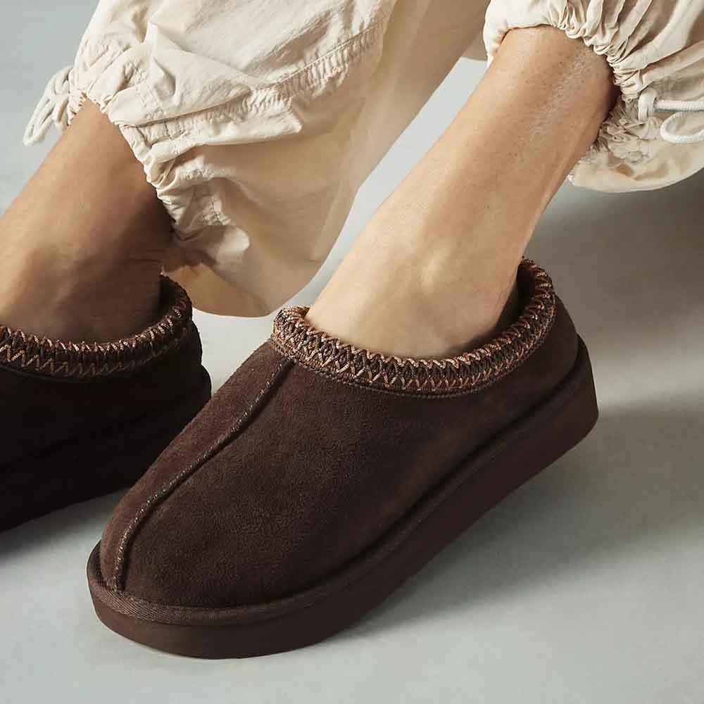 Dark Brown Comfy Vegan Suede Round Toe Fur Lining Flat Slippers