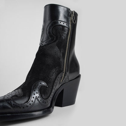 Black Patchwork Pointed Toe Perforated Block Heel Zip Ankle Boots