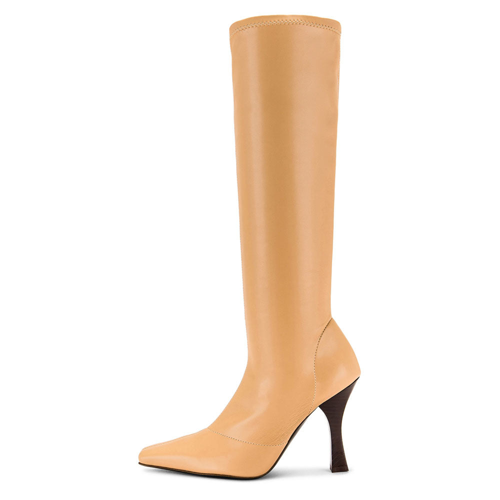 FSJ Tan Square Toe Flared Heel Pull-On Knee High Boots for Women