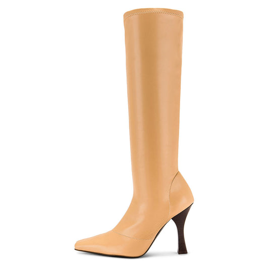 FSJ Tan Square Toe Flared Heel Pull-On Knee High Boots for Women
