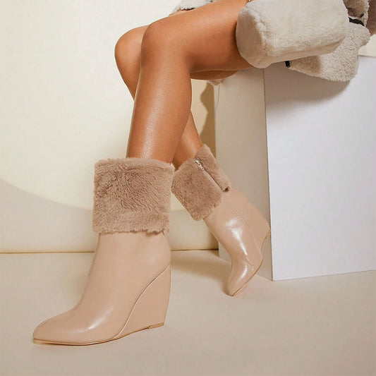 Beige Pointed Toe 4__ Wedge Heel Fur Covering Ankle Boots