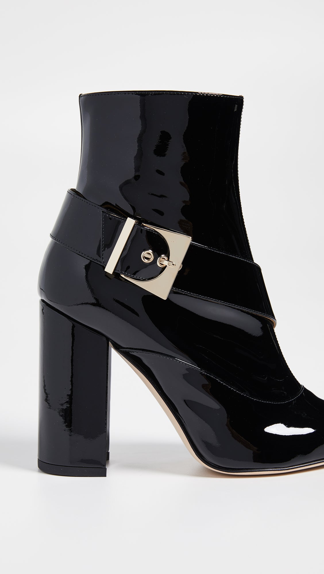 Black Patent Leather Buckle Strap Ankle Boots with Chunky Heels
