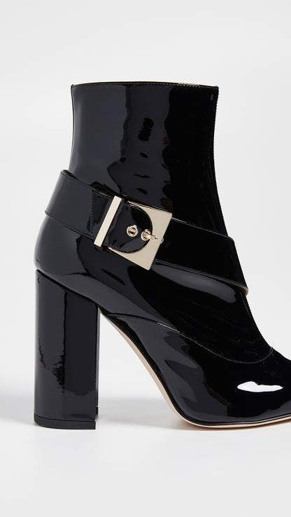 Black Patent Leather Buckle Strap Ankle Boots with Chunky Heels