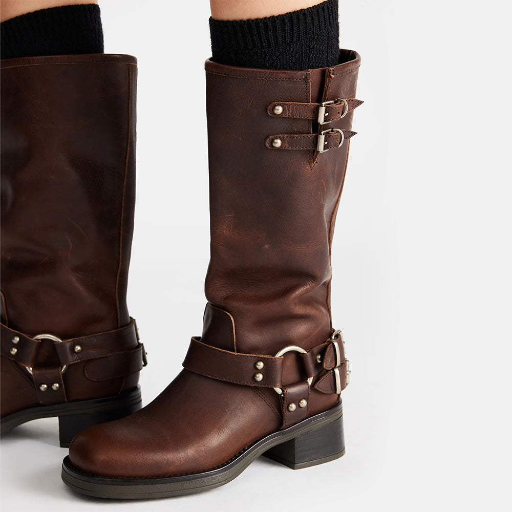 Brown Chunky Heel Buckle Strap Faux Leather Motorcycle Mid Calf Boots