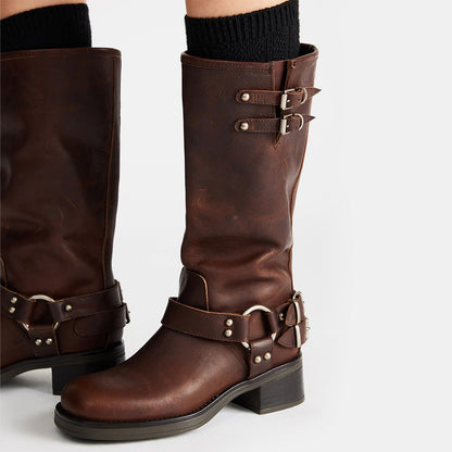 Brown Chunky Heel Buckle Strap Faux Leather Motorcycle Mid Calf Boots
