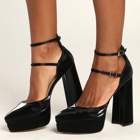 Black Patent Leather Platform Pumps Ankle Strap Chunky Heels