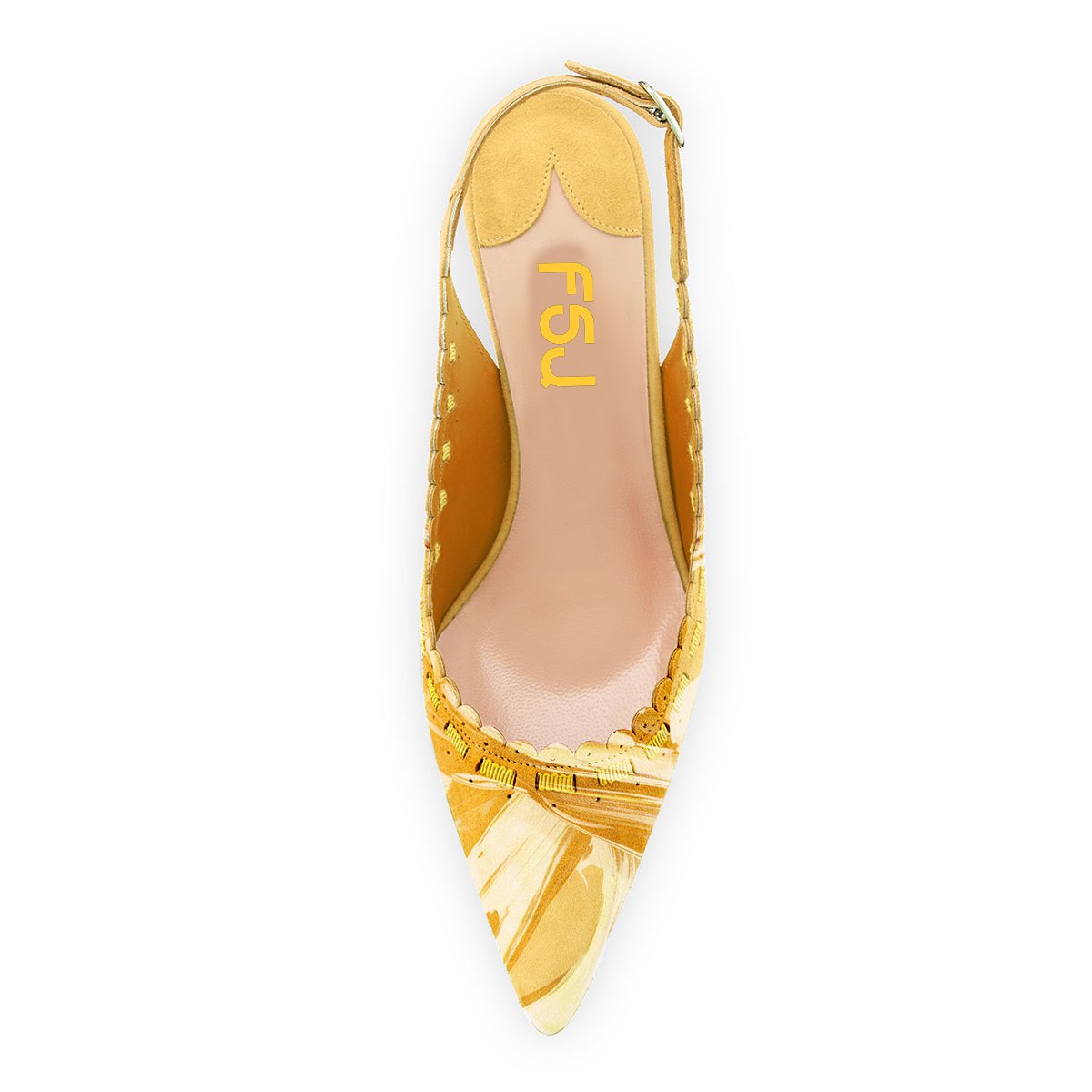 Yellow Printed Heels Pointed Toe Scalloped Edge Slingback Pumps