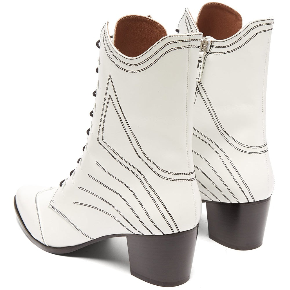 Women's White Chunky Heel Stitching Detail Lace Up Ankle Boots