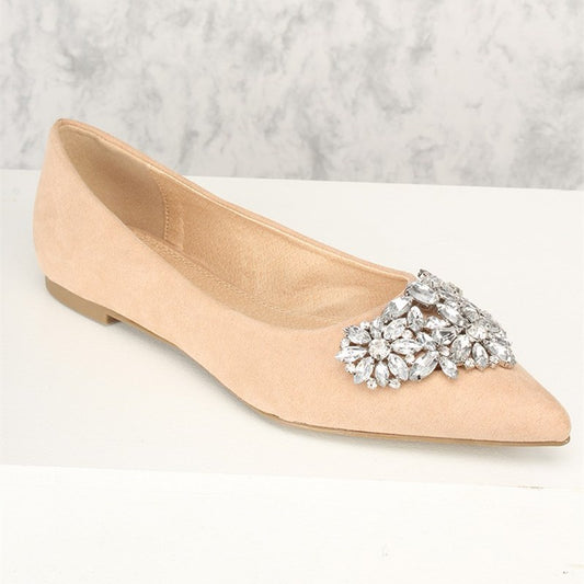 Nude Heart Shaped Rhinestone Embellished Pointed Toe Flats for Women