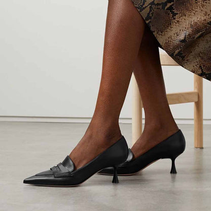 Classic Black Pointed Toe Kitten Heel Penny Loafers for Women