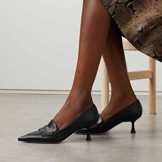 Classic Black Pointed Toe Kitten Heel Penny Loafers for Women