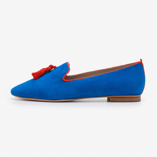 Royal Blue Vegan Suede Loafers for Women Pointy Toe Flats with Fringe