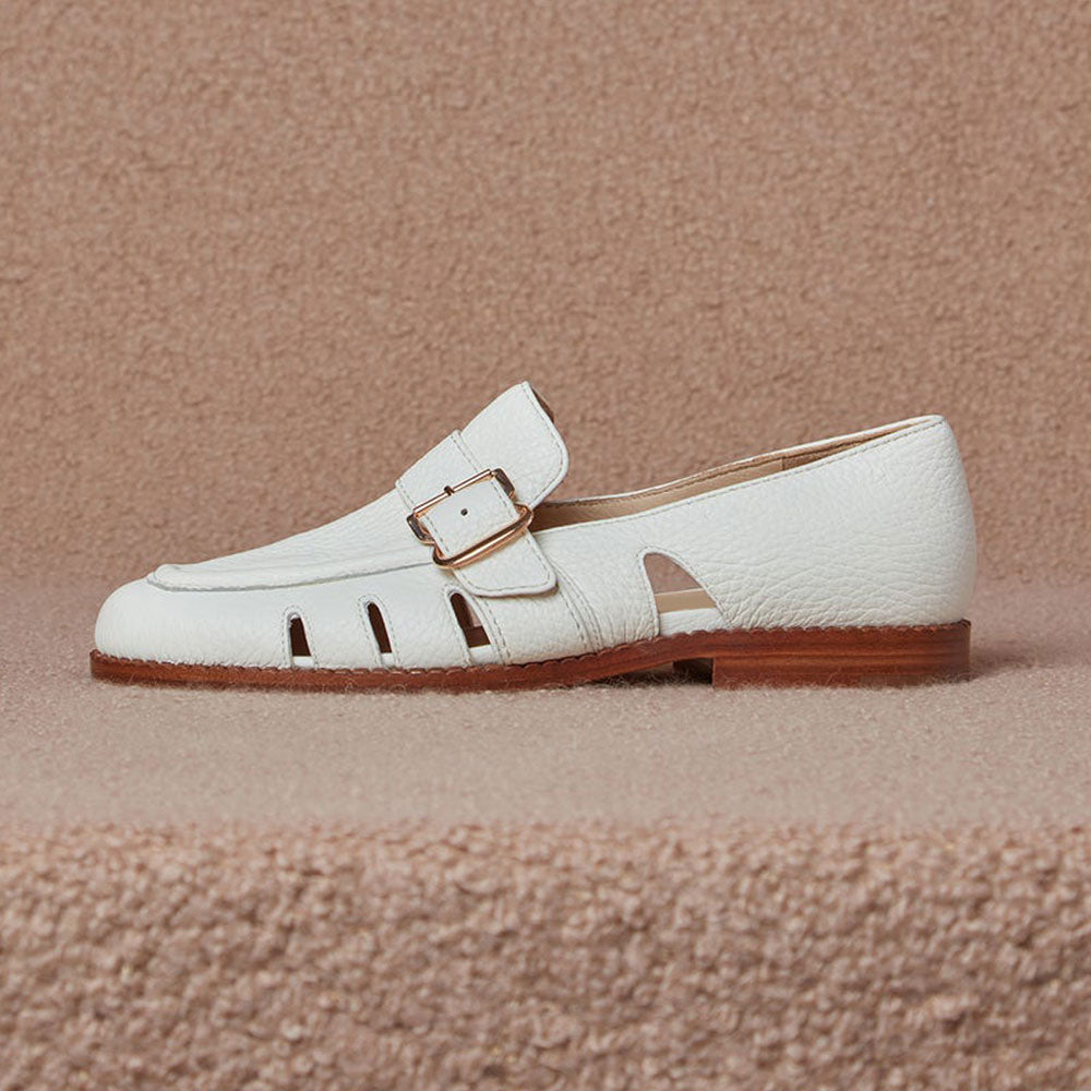 FSJ White Buckle Strap Cut Out Flats Business Casual Shoes for Women