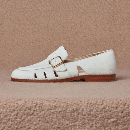 FSJ White Buckle Strap Cut Out Flats Business Casual Shoes for Women