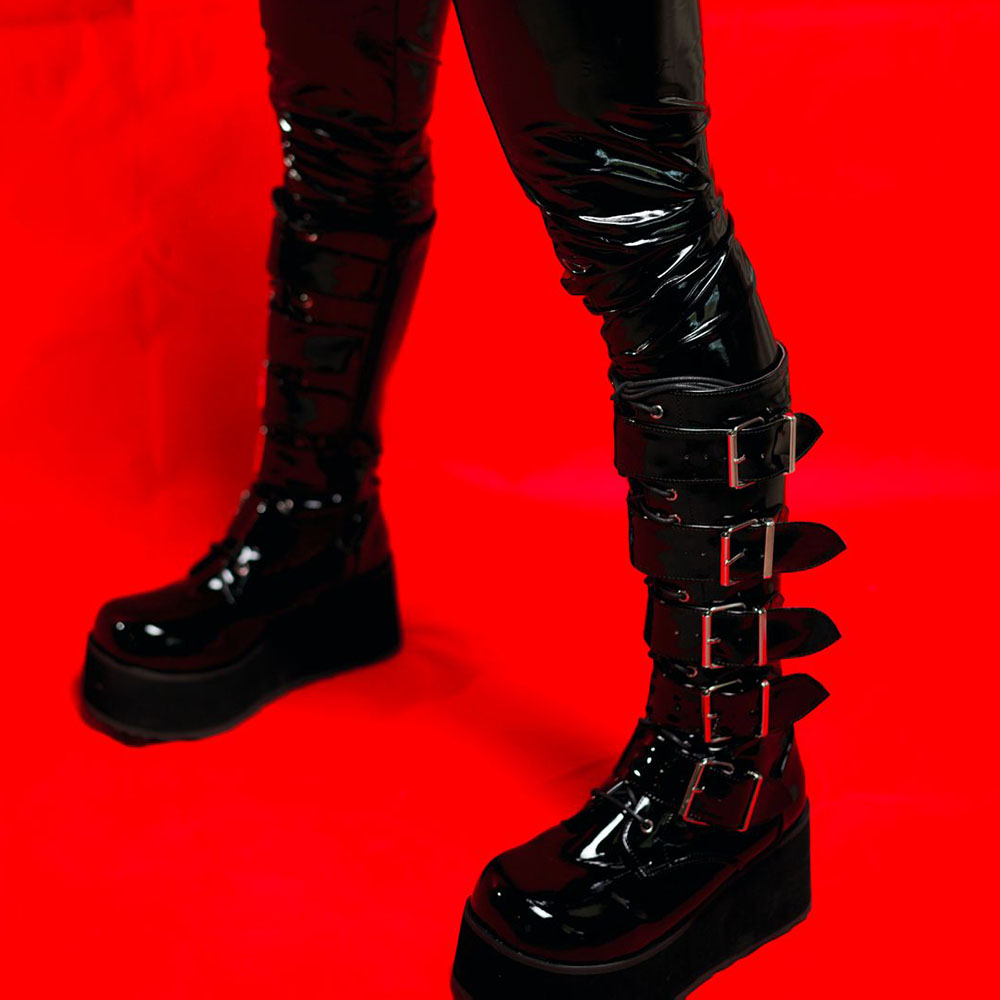Black Patent Leather Round Toe Wedge Heel Platform Knee High Boots
