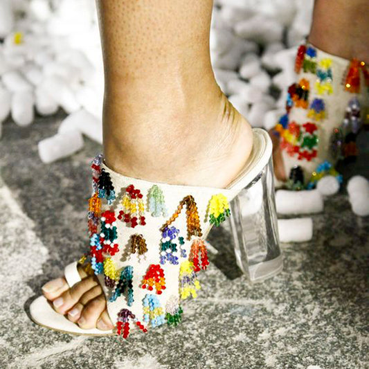 White Toe Ring Sandals Clear Block Heel Beaded Fringe Mules for Women