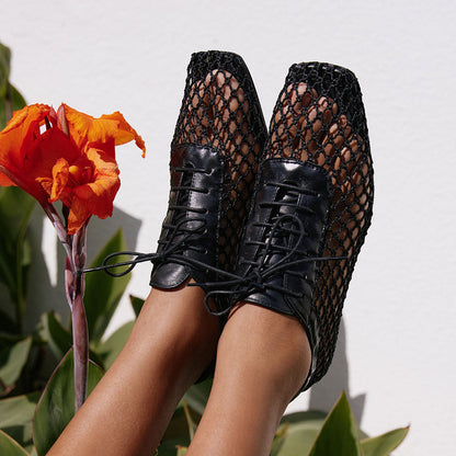 Black Mesh Square Toe Lace-Up Shoes Casual Flats for Women