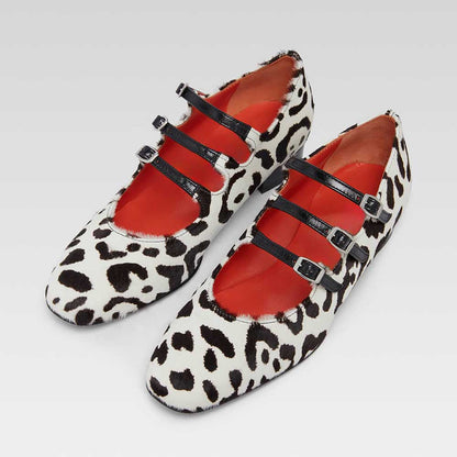 Stylish White & Black Square Toe Leopard Print Mary Jane Flats