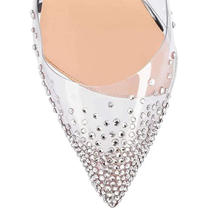 Women's Trendy PVC Splicing Pointed Toe Rhinestone Pumps Heels