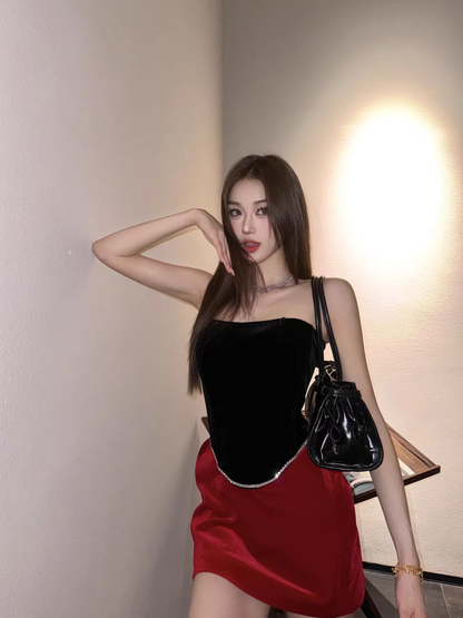 New Red & Black Patchwork Design A-line Strapless Party Dress Homecoming Dress TP3910