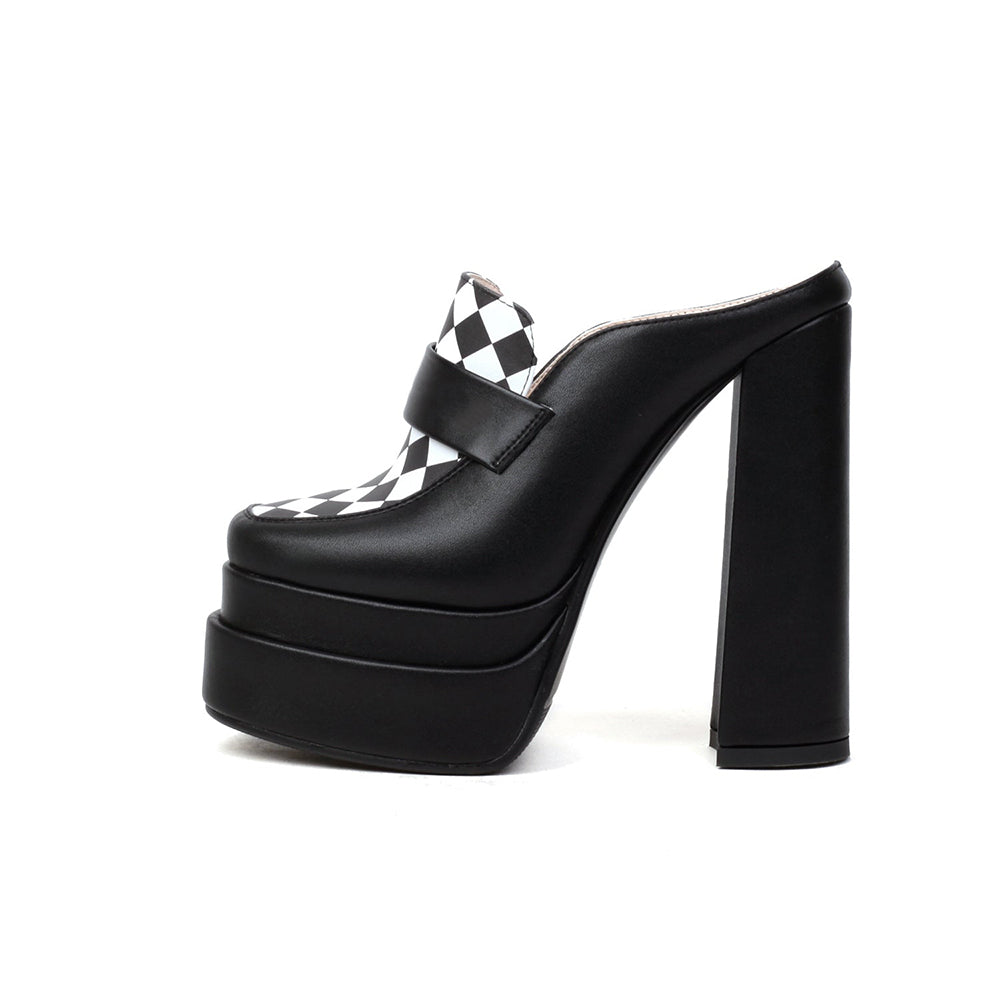 Black & White Closed Toe Chunky Heel Wide Band Platform Mules