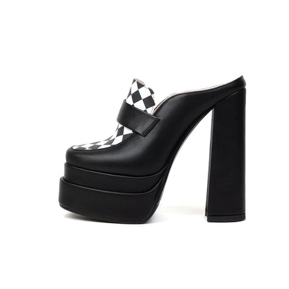 Black & White Closed Toe Chunky Heel Wide Band Platform Mules