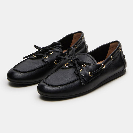 Vintage Black Faux Leather Round Toe Flat Lace Up Women's Loafers