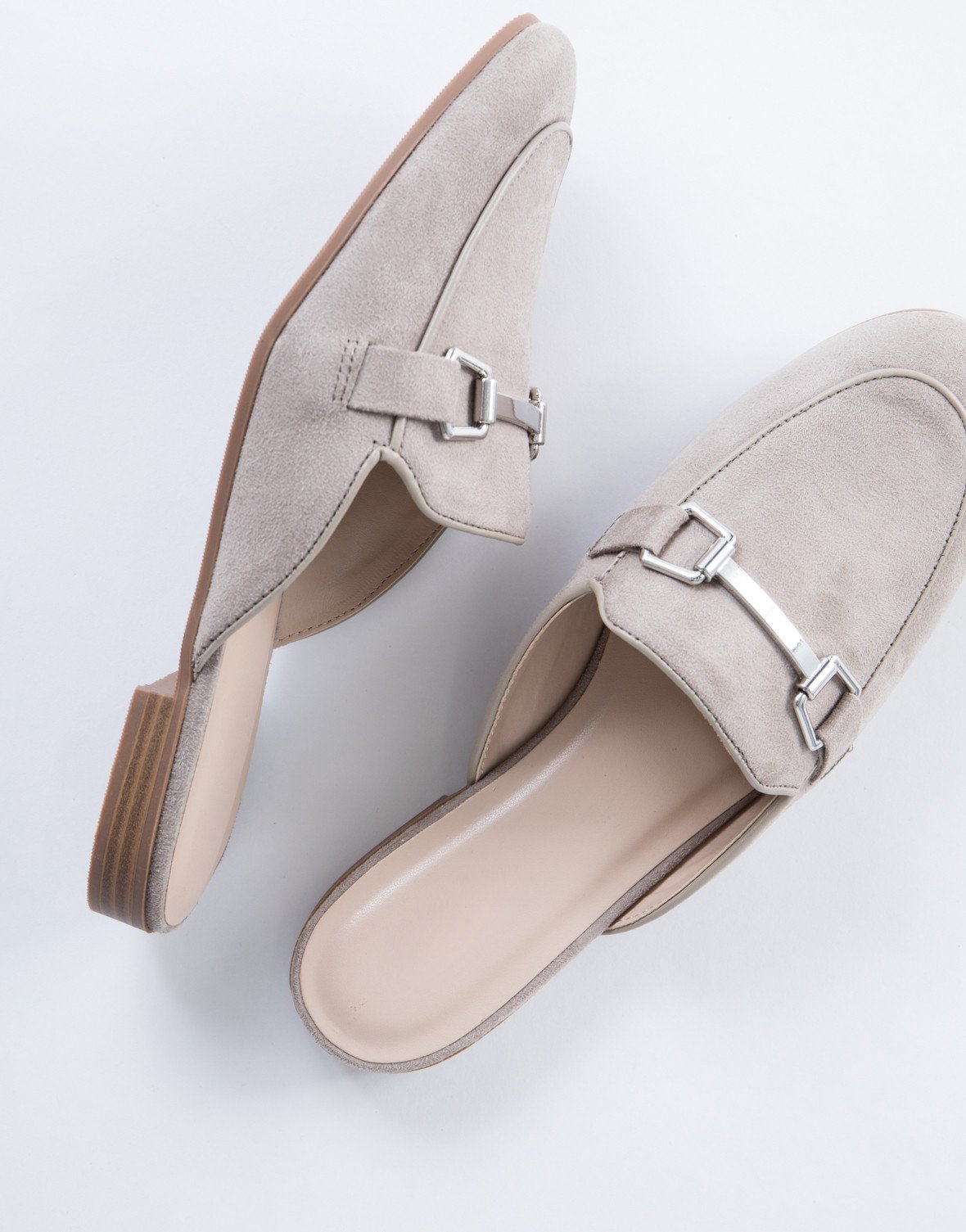 Grey Vegan Suede Round Toe Horsebit Flat Mule Loafers for Women