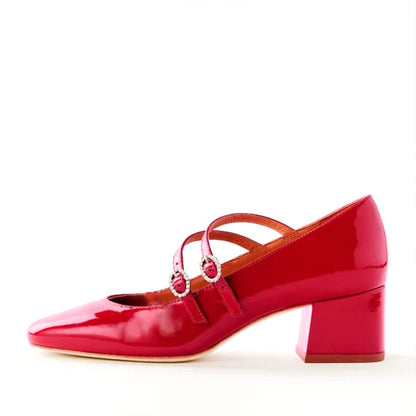 Red Patent Leather Round Toe Chunky Heel Strappy Loafers
