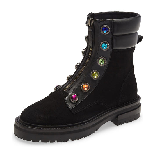Black Round Toe Rainbow Rhinestone Front Zip Flat Ankle Boots