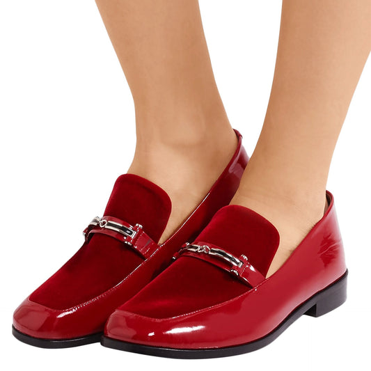 Red Patent Leather Patchwork Square Toe Flat Horsebit Loafers