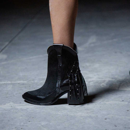 Black Pointed Toe Chunky Heel Side-Zipped Western Ankle Boots