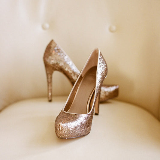 Women's Gold Glitter Stiletto Heel Platform Pumps for Evening