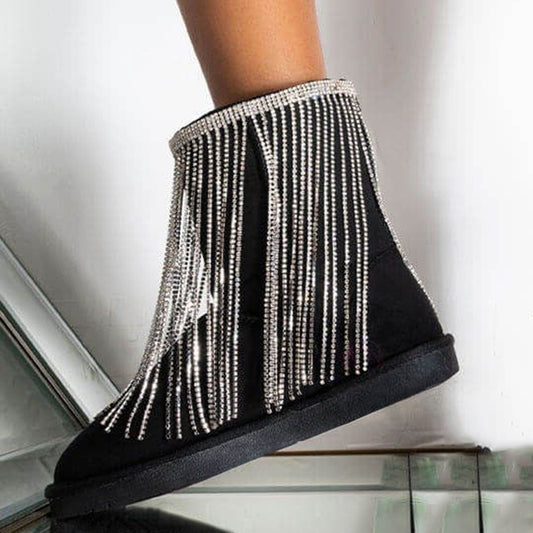 Black Fleece Boots Fringed Ankle Boots