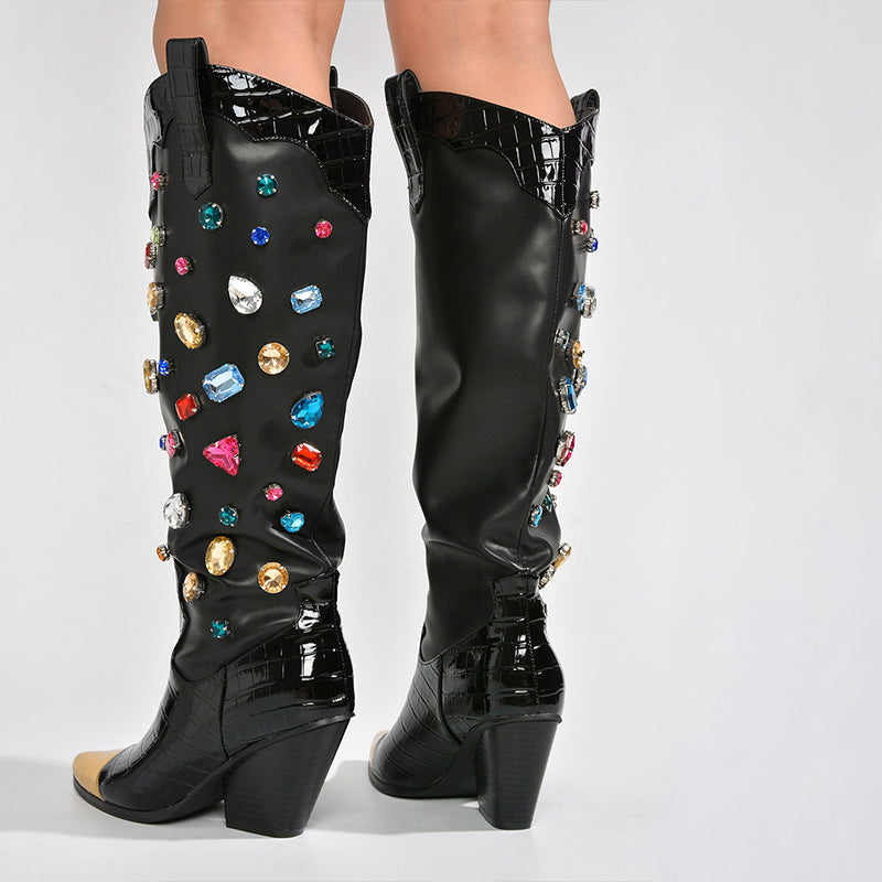 Black Pointed Toe Chunky Heel Knee High Boots with Multicolor Crystal
