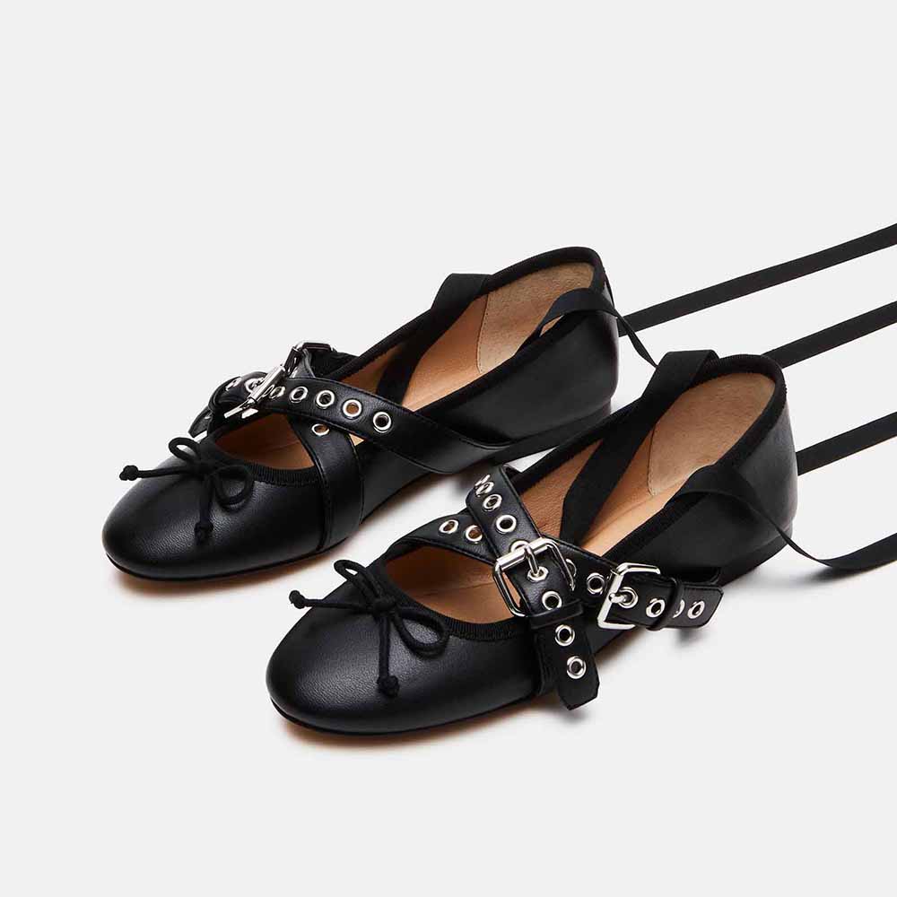 Black Round Toe Grommet Buckle Strap Lace Up Flats with Bowknot
