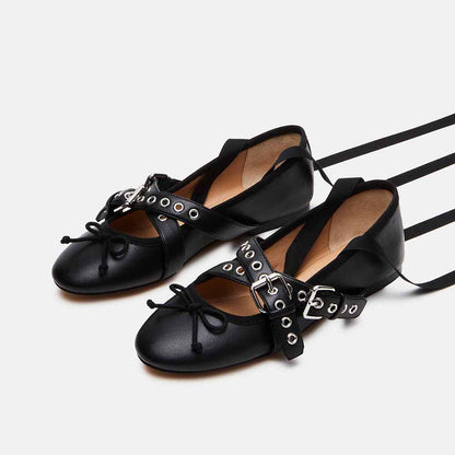 Black Round Toe Grommet Buckle Strap Lace Up Flats with Bowknot