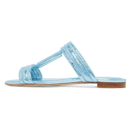 Blue T Strap Flat Beach Sandals