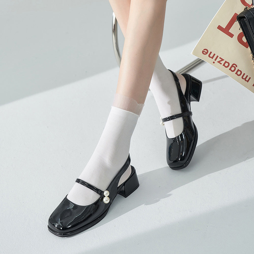 Black Patent Leather Square Toe Chunky Heel Slingback Loafers