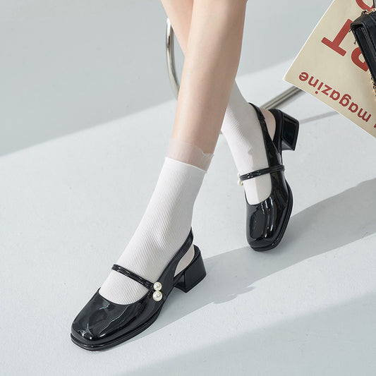 Black Patent Leather Square Toe Chunky Heel Slingback Loafers