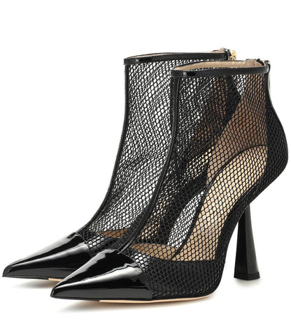 Black Net & Patent Leather Ankle Boots Pointy Toe Flared Heel Booties