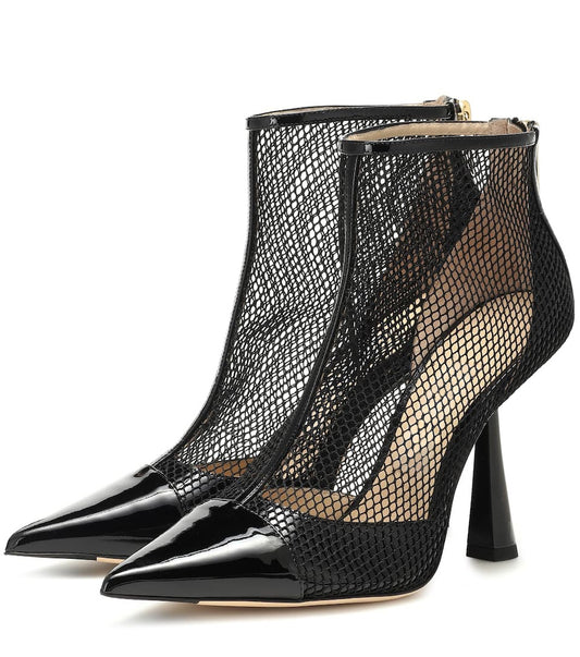 Black Net & Patent Leather Ankle Boots Pointy Toe Flared Heel Booties